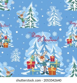 Christmas deer, gifts. MERRY CHRISTMAS. Funny winter character. Seamless pattern.