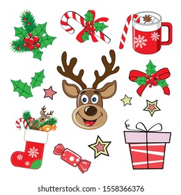 Christmas deer, gifts, tree branches, sock and other Christmas decor on a white background. Christmas and New Year collection
