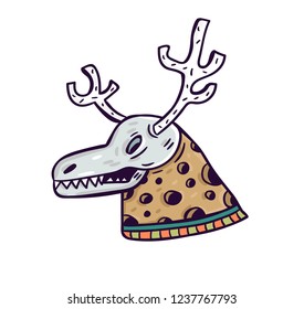Christmas deer. Hand draw deer skull. Cute and creepy christmas deer with horns. Dead deer.