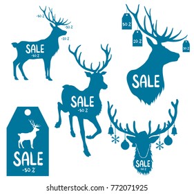 Christmas deer hand drawn silhouette tags for sale isolated on white.