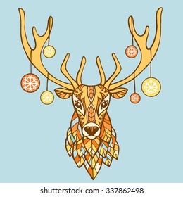 Christmas deer hand drawn vector illustration.  Ethnic animals vector illustration. Ethnic deer / african / indian / totem. Christmas new year background. 
