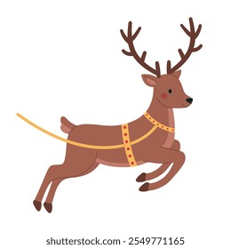 Christmas deer in harness jumping. Cute santa reindeer with antlers. Holiday animal. Vector flat illustration isolated on white background