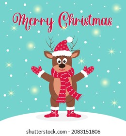 Christmas deer in a hat, scarf, mittens and boots. Merry Christmas text with 
shining stars and lights. Christmas greeting card.