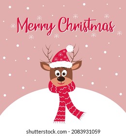 Christmas deer in a hat and scarf peeking out from behind a snowball. Merry Christmas text. Christmas greeting card.