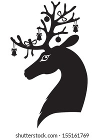 Christmas deer head with antlers decorated with bells and bows