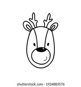 Christmas deer head. Cartoon outline vector illustration. 