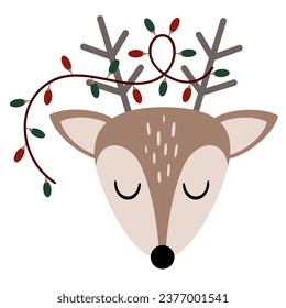 Christmas deer head clipart in cartoon flat style. Vector illustration