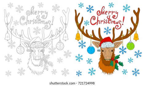 Christmas deer head coloring book with example isolated on white.