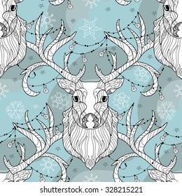 Christmas deer head doodle with lighting bulb.Seamless pattern.