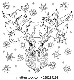 Christmas deer head doodle with lighting bulb.