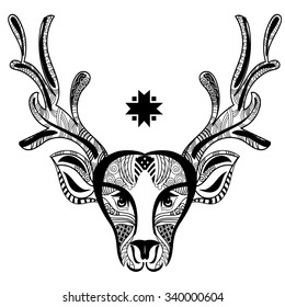 Christmas deer head doodle zentangle.Hand Drawn vector illustration. Sketch for tattoo or coloring book.