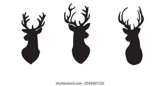 Christmas Deer Head Silhouettes with Antlers - Festive Black Reindeer Clipart for Holiday Crafts and Decor