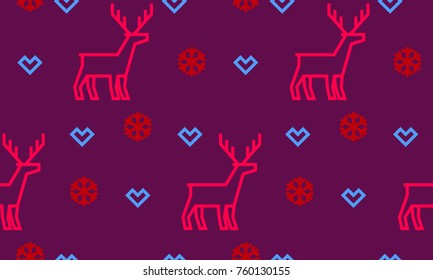 Christmas deer, heart and snowflake vector seamless pattern background for winter holiday greeting card. Vector simple flat line reindeer and geometric snow for New Year decoration background