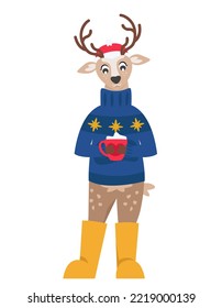 Christmas deer holding cup of cocoa. Cute character in cartoon style.