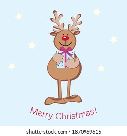 Christmas deer holding a gift, greeting card, clip art style, vector illustration. 