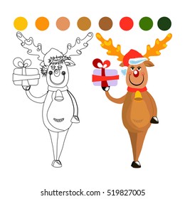 Christmas deer is holding a present box.  Vector isolated illustration on white background for coloring book.