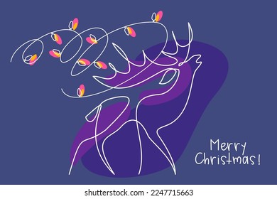 Christmas deer with holiday decoration garland with lights on antlers silhouette logo. Continuous one line drawing art. Vector illustration with color spots