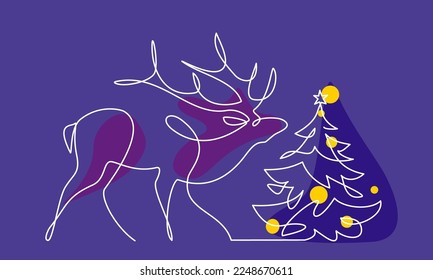 Christmas deer with holiday Christmas tree silhouette logo. Continuous one line drawing art. Vector illustration with color spots