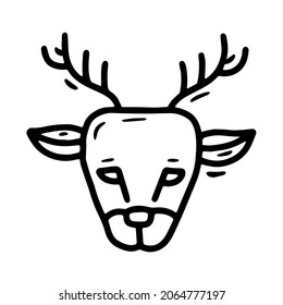 Christmas deer with horns cute face, linear vector icon in doodle sketch style
