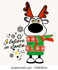 Christmas deer icon with i believe in Santa message and special symbols. Concept of Christmas for t-shirt print, sticker, flayer, banner and invitation. Vector illustration.