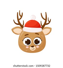 Christmas deer icon. Red hat of Santa Claus. Vector illustration. Cute cartoon deer. Isolated on white background