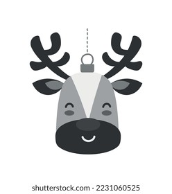Christmas deer icon. Sticker for social networks and messengers, Santas helper. Fairy tales, imagination, dream and fantasy. International culture and traditions. Cartoon flat vector illustration
