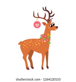 Christmas deer icon. Vector illustration Santa reindeer isolated on white background. Xmas decoration in cartoon style. Traditional christmas element of holiday