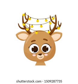 Christmas deer icon. Vector illustration. Cute cartoon deer. Isolated on white background