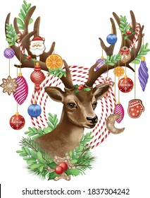 Christmas deer illustration with Christmas toys and mistletoe sprigs.