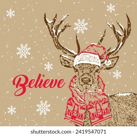 Christmas Deer Isolated with Hat and Scarf, Believe Text and snowflakes