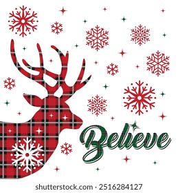 Christmas Deer Isolated with Plaid Pattern and Believe Text, Snowflakes- Christmas Vector Illustration Design