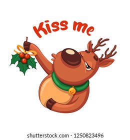 Christmas deer. Kiss me. Christmas vector illustration in a cartoon style. Winter symbol. Christmas and New Year design element.