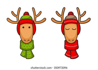 Christmas deer in knitted hat and scarf.Cute animals in warm winter hats.