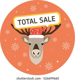 Christmas deer. Christmas Label. Head of a nice deer in a cap of Santa Claus and with an inscription on a head - Total sale. Flat illustration.