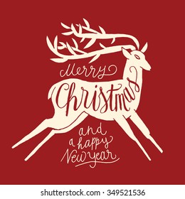 christmas deer label. red background.