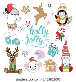 Christmas deer, llama, mouse, penguin and the inscription Holly Jolly on a white background