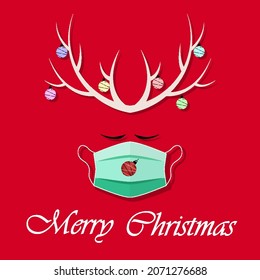 Christmas deer made of medical mask and decoration, vector art illustration.