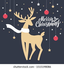 Christmas deer. Merry Christmas brush lettering quote. Flat silhouette vector illustration