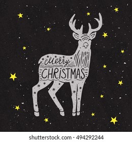 Christmas deer. Merry Christmas and Happy New Year. Hand drawn deer vector vintage illustration and lettering.