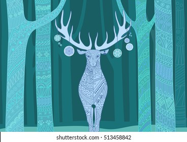 Christmas deer. Merry Christmas and Happy New Year card with deer in forest. Beautiful decorative color line patterns on the Reindeer and trees