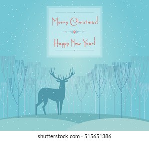 Christmas deer. Merry Christmas and Happy New Year card with deer in forest. Reindeer decorative silhouette