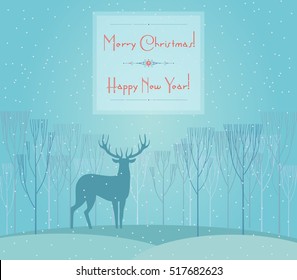 Christmas deer. Merry Christmas and Happy New Year card with deer in forest. Reindeer decorative silhouette