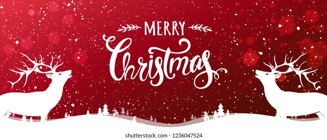 Christmas deer with Merry Christmas Typographical on red background with winter landscape with snowflakes, light, stars. Xmas card. Vector 