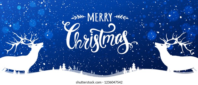 Christmas deer with Merry Christmas Typographical on blue background with winter landscape with snowflakes, light, stars. Xmas card. Vector 