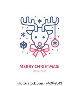 Christmas deer, new year decoration flat line icon. Winter holidays vector illustration. Sign of happy reindeer with snowflakes.