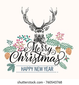 Christmas deer,   new year  decorations, tree branches,  cute holiday card design, Merry Christmas and happy new year