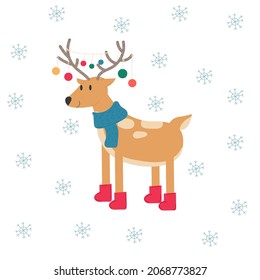 Christmas  deer in new year scarve and boots. Cute winter Northern animal. Cartoon character. Stock vector illustration on a white background.