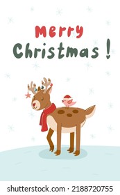 Christmas deer in new year scarve card. Cute winter deer animal card. Cartoon character print. Stock vector illustration on a snow background.