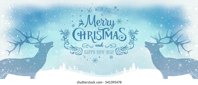 Christmas deer with Christmas and New Year Typographical on light background with winter landscape with snowflakes, light, stars. Xmas card. Vector 