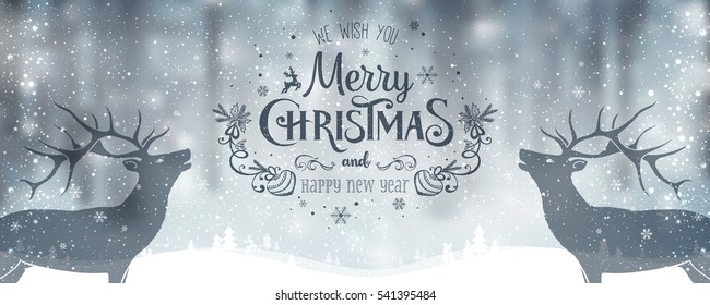 Christmas deer with Christmas and New Year Typographical on light background with winter landscape with snowflakes, light, stars. Xmas card. Vector 